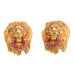 Vintage Cellino Ruby Diamond Yellow Gold Lion Head Clip-On Earrings