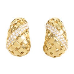 Tiffany & Co. Diamond Gold Basket Weave Clip-On Huggie Earring