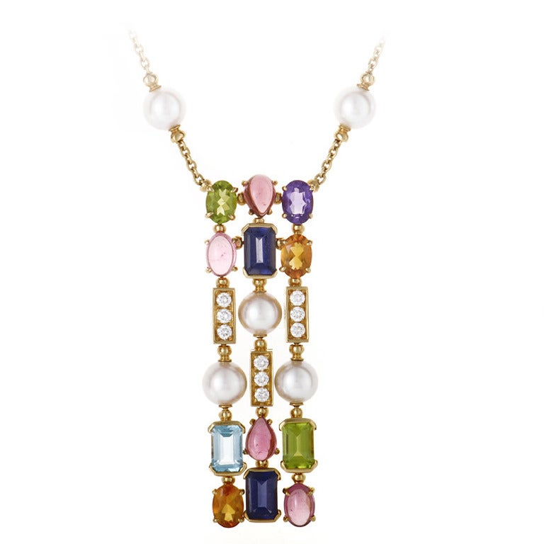 Bulgari Color Collection Three Row Gemstone Gold Long Pendant Necklace ...