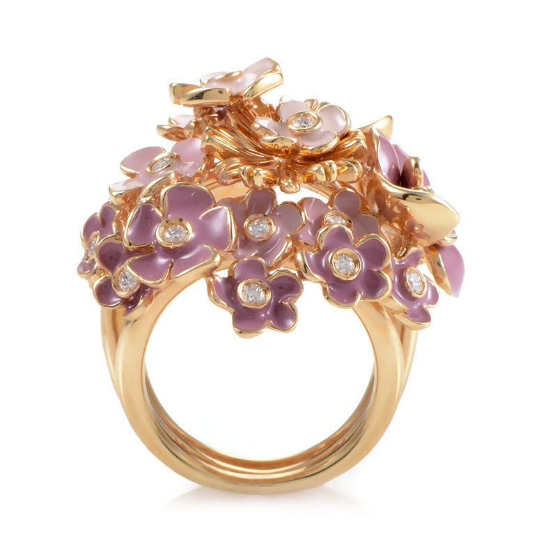 A wonderfully harmonious and lavish piece, this ring stands out all the way from bottom to the majestic top, which will make you feel like you have a most amazing flower arrangement always with you. The tone is set by 18K rose gold, 0.35ct of