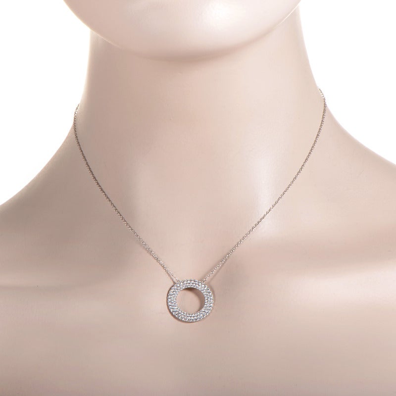 Tiffany Co. Metro Three Row Diamond Gold Circle Pendant Necklace