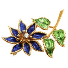 Tiffany & Co. Enamel Diamond Gold Flower Brooch