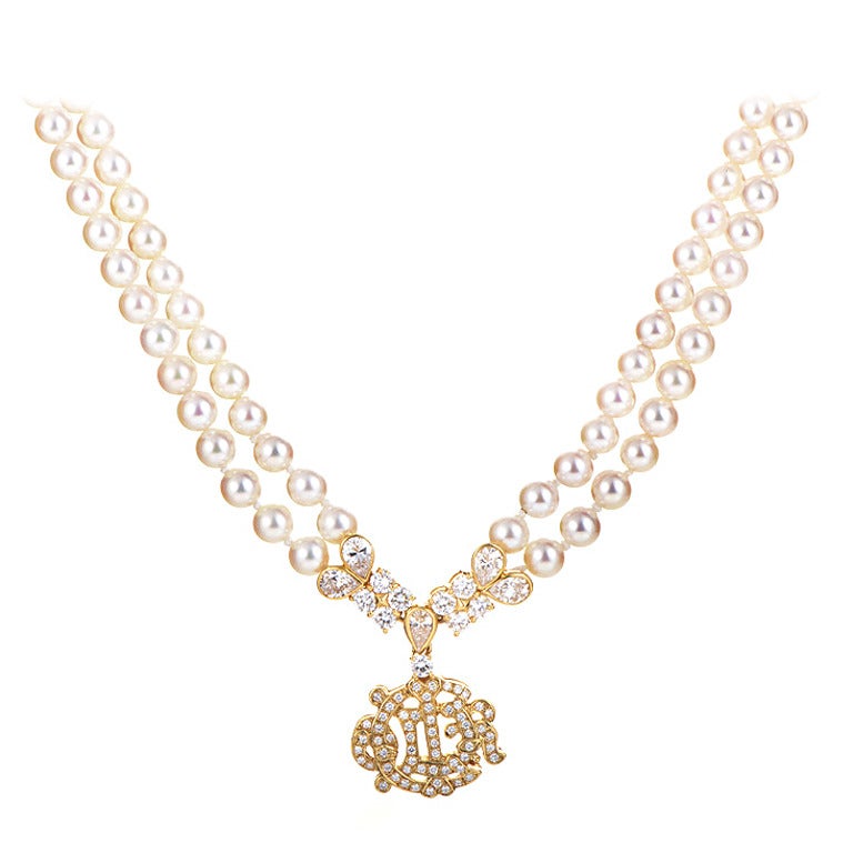 Christian Dior Pearl Diamond Gold Necklace For Sale at 1stdibs