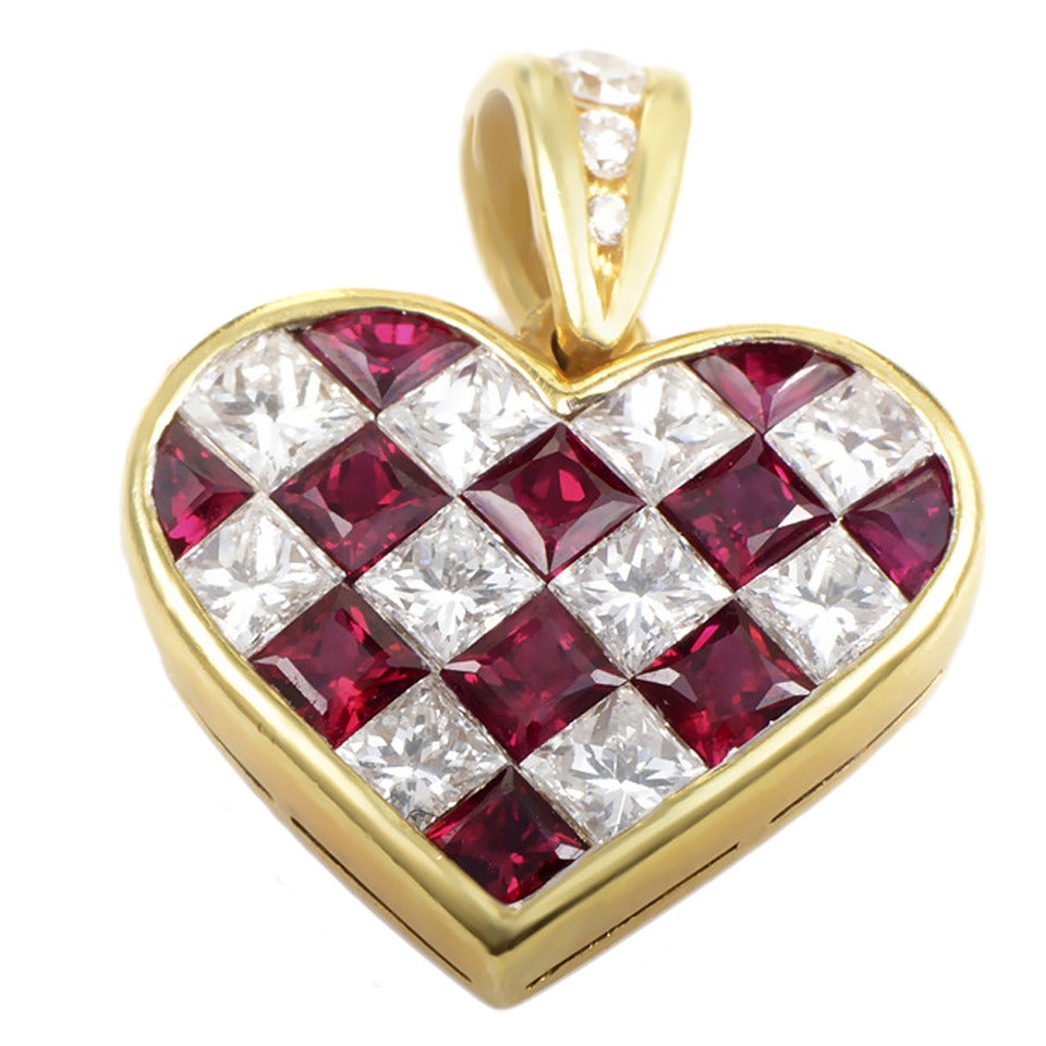 Tiffany & Co. Ruby Diamond Gold Checkered Heart Pendant