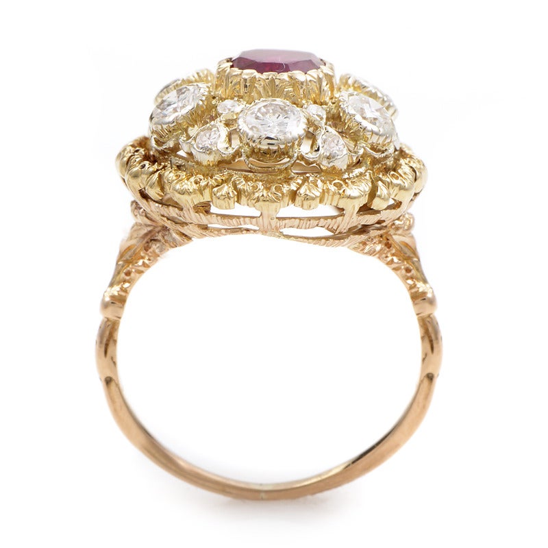 Buccellati Ruby Diamond Yellow Gold Cluster Ring In Excellent Condition In Southampton, PA