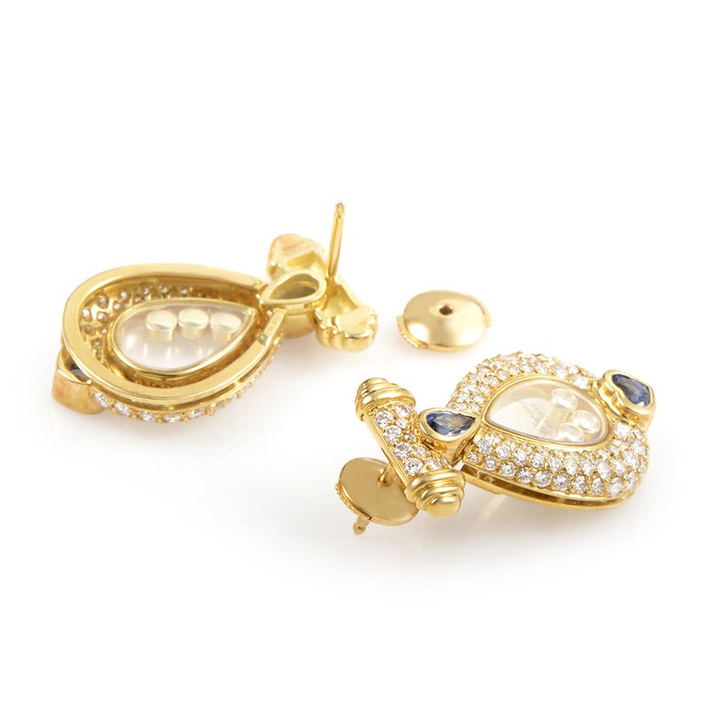 Modern Chopard Happy Diamonds Sapphire Gold Drop Earrings