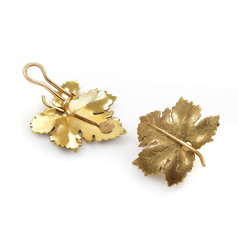 A classic design from Buccellati, this delicate pair of clip-on earrings are inspired by the beauty found in the natural world. The earrings are made of solid 18K yellow gold and are crafted to look like golden, fall maple leaves.