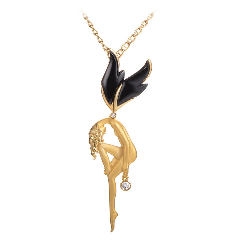Carrera y Carrera Large Onyx Diamond Gold Fairy Pendant Necklace