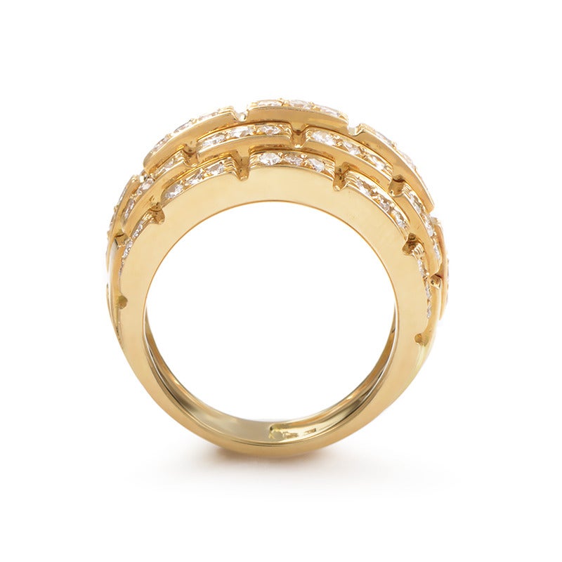 Lavish and memorable, this Cartier ring is a perfect choice for you if you wish to add a bit of glamorous edge to your look; it consists of five exceptionally crafted 18K yellow gold bands, each set with splendid diamond stones totaling 1.50