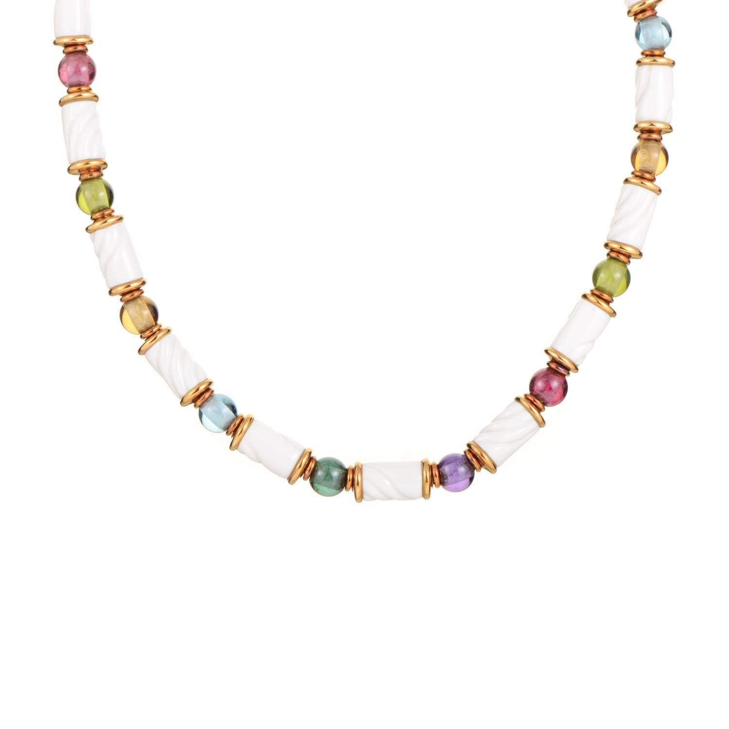 Bulgari Chandra Ceramic Gemstone Beaded Gold Necklace In Excellent Condition In Southampton, PA