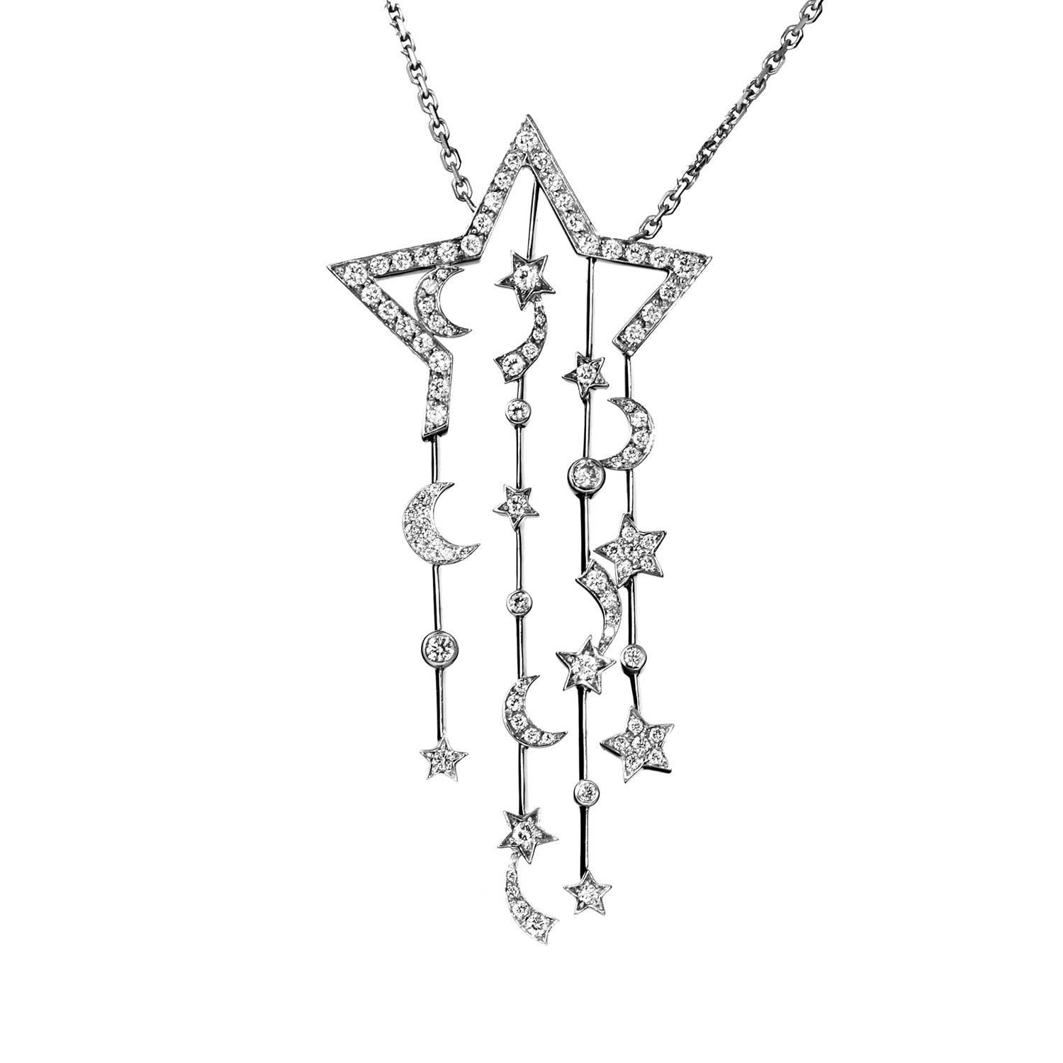 Featuring brand’s famous design inspired by the beauty and mystery of celestial objects, this extraordinary Chanel necklace is made of 18K white gold and boasts a pendant comprised of exceptionally designed half moons and stars, all set with