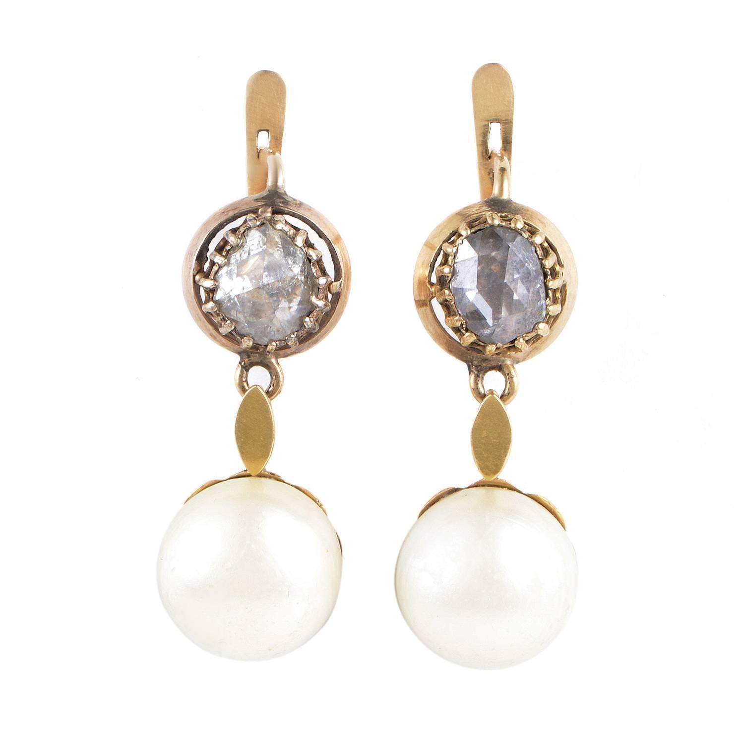 Antique Pearl Rose Cut Diamond Gold Earrings