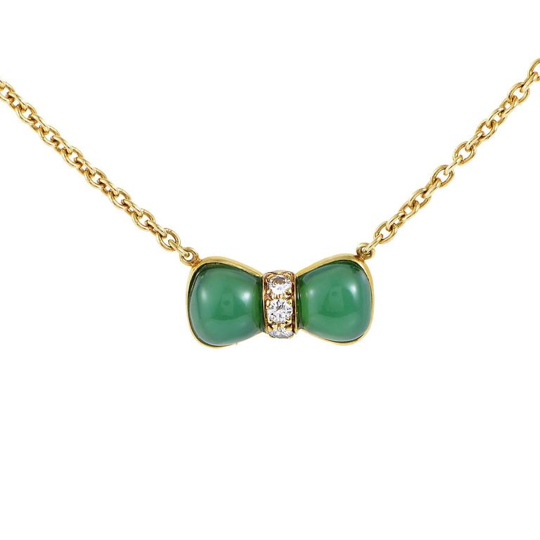 Van Cleef and Arpels Jade Diamond Gold Bow Pendant Necklace at 1stDibs