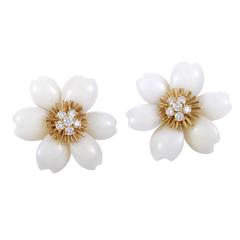 Van Cleef & Arpels Coral Diamond Gold Rose de Noël Clip-on Earrings