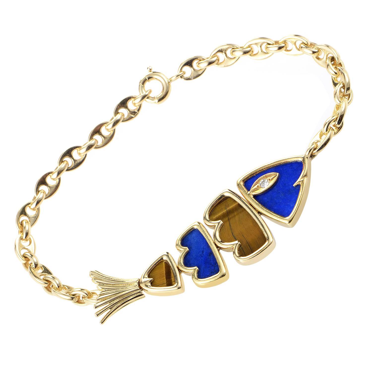 Van Cleef & Arpels Lapis Lazuli Tiger's Eye Gold Fish Bracelet