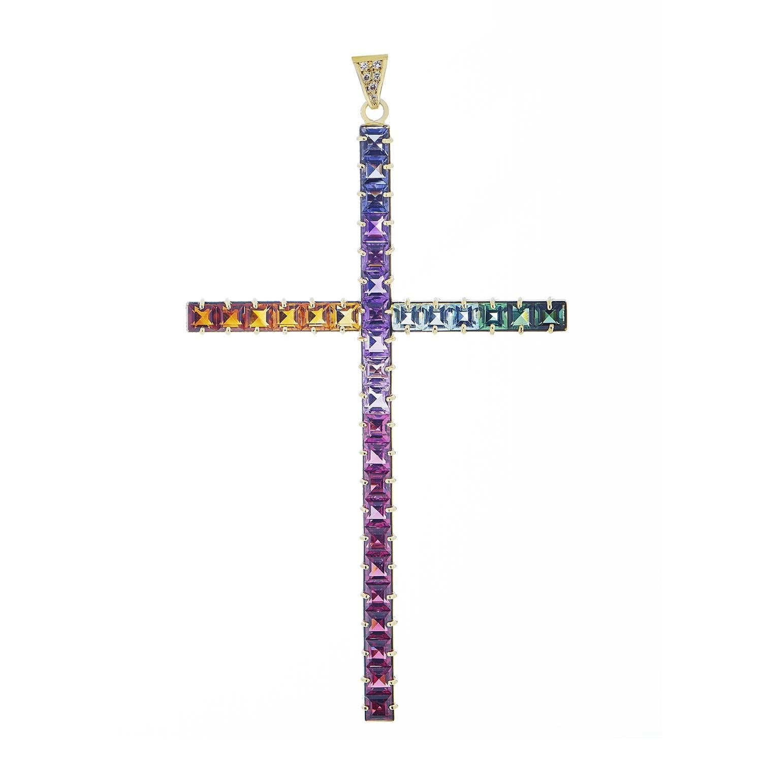 Large Rainbow Gemstone Diamond Gold Cross Pendant