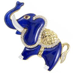 Precious Gemstone Lapis Diamond Gold Elephant Brooch