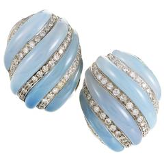 Vintage Italian Blue Chalcedony Diamond Gold Earrings