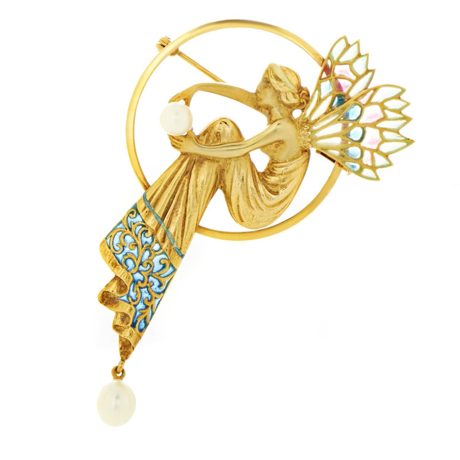 Masriera Enameled Pearl Gold Pendant Brooch