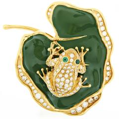 Waltham Enamel Emerald Diamond Gold Frog on Lily Pad Pendant Brooch