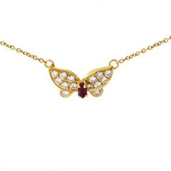 Van Cleef & Arpels Ruby Diamond Gold Butterfly Pendant Necklace