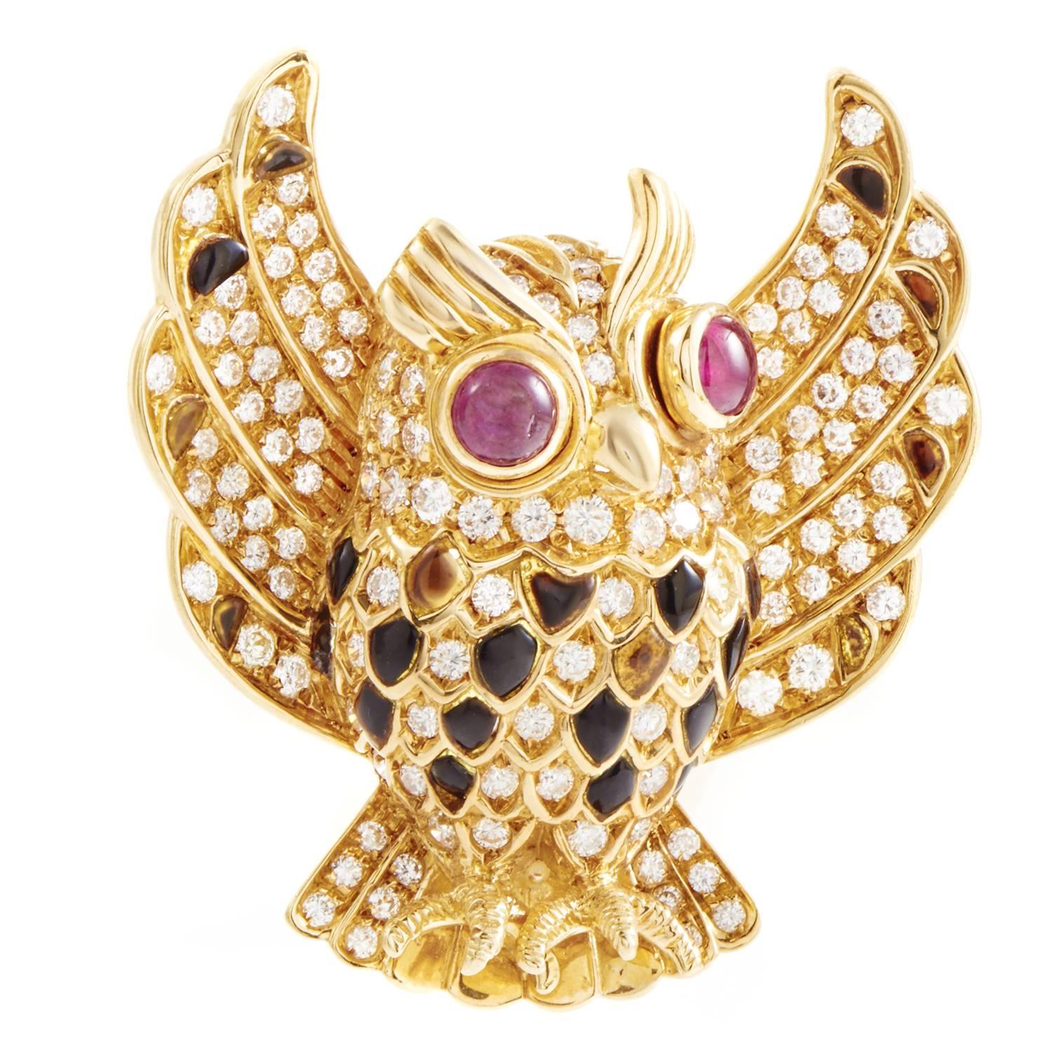 Gemstone Diamond Gold Owl Brooch