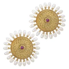 Ilias Lalaounis Yellow Gold Ruby and Rice Pearl Disc Earrings