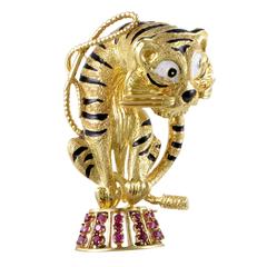 Vintage Enameled Yellow Gold and Ruby Circus Tiger Brooch
