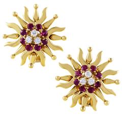 Tiffany & Co. Diamond Ruby Yellow Gold Sunburst Clip-on Earrings