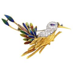 Diamond Enameled Two Color Gold Bird Pin