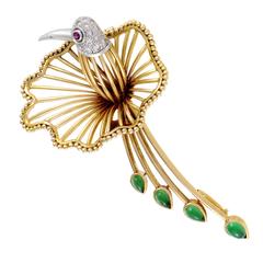 Gemstone Diamond Gold Platinum Floral Bird Brooch
