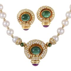 Pearl Diamond Gemstone Gold Clip-on Earring and Necklace Set Pearl Diamond Gemstone Gold Clip-on Earring and Necklace Set