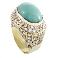 Vintage Turquoise Cabochon Diamond Pave  Yellow Gold Cocktail Ring