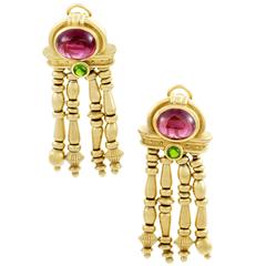 Vintage SeidenGang Pink and Green Tourmaline Yellow Gold Drop Earrings