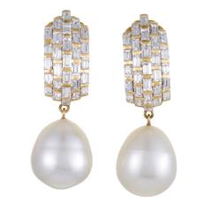 Diamond Pave Pearl Yellow Gold Drop Earrings