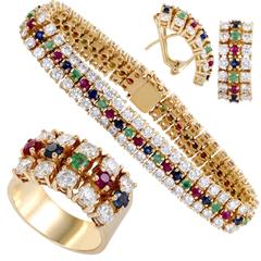 Emerald Ruby Sapphire Diamond Yellow Gold Bracelet Earring and Ring Set