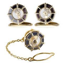 Vintage Chopard Happy Diamonds Yellow Gold Cufflinks and Tie Tag Set
