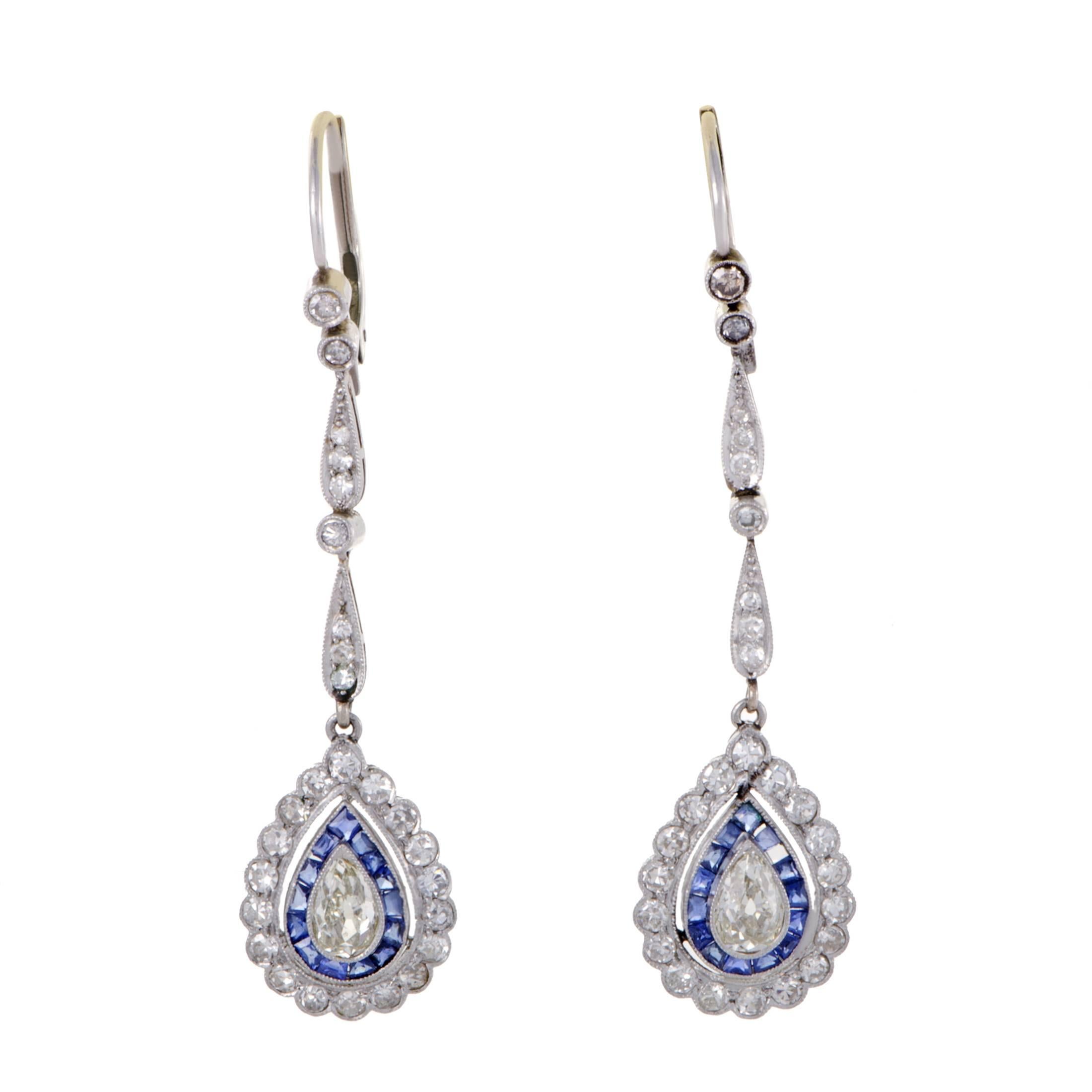 Sapphire Diamond Platinum Drop Earrings