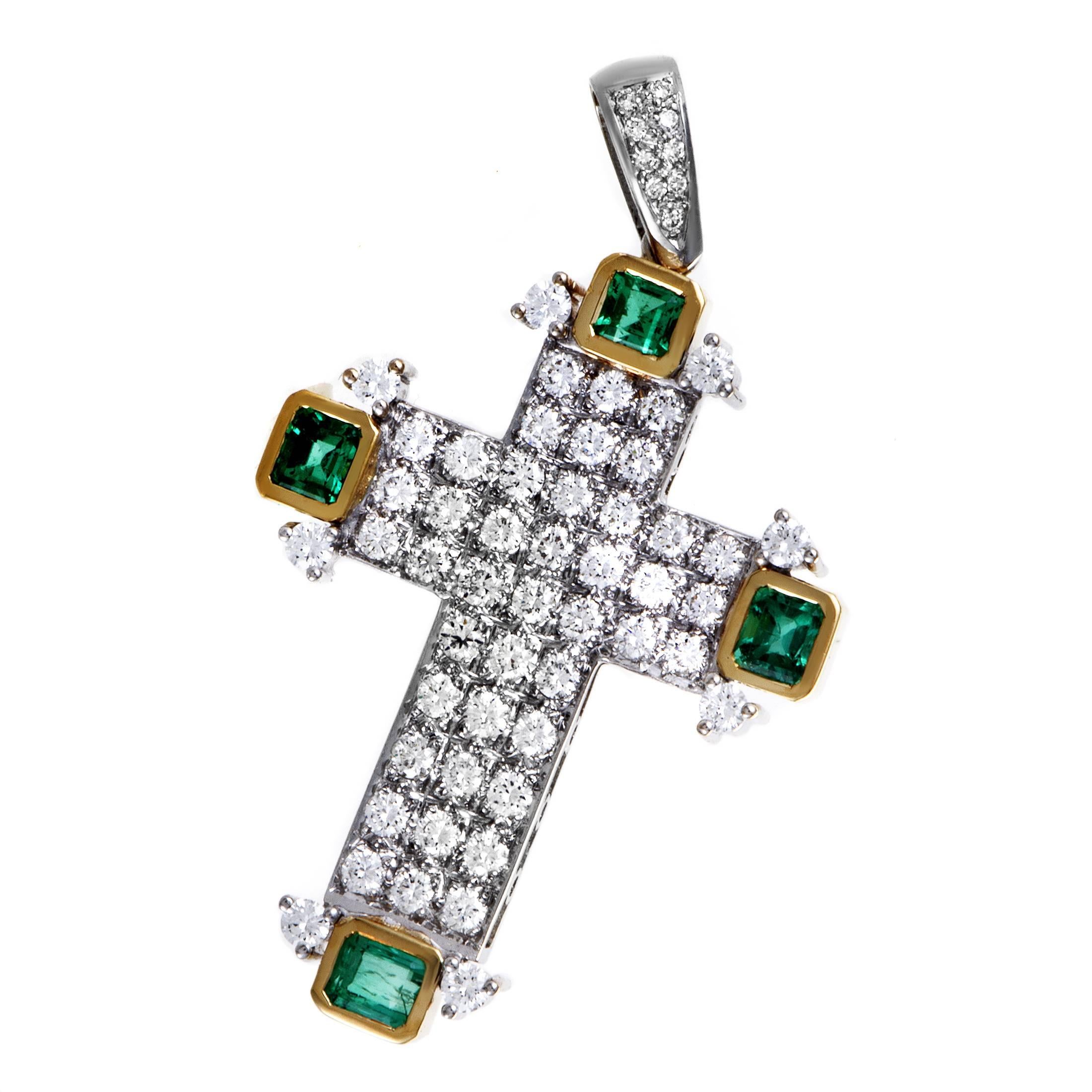 Full Emerald Pave Diamond Yellow and White Gold Cross Pendant