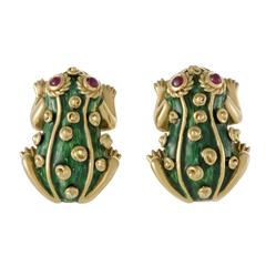 David Webb Ruby and Enameled Yellow Gold Frog Clip-On Earrings