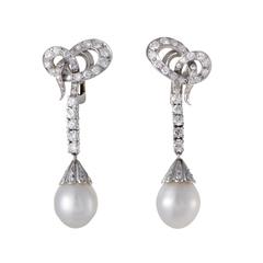 Platinum Diamond and Pearl Drop Earrings
