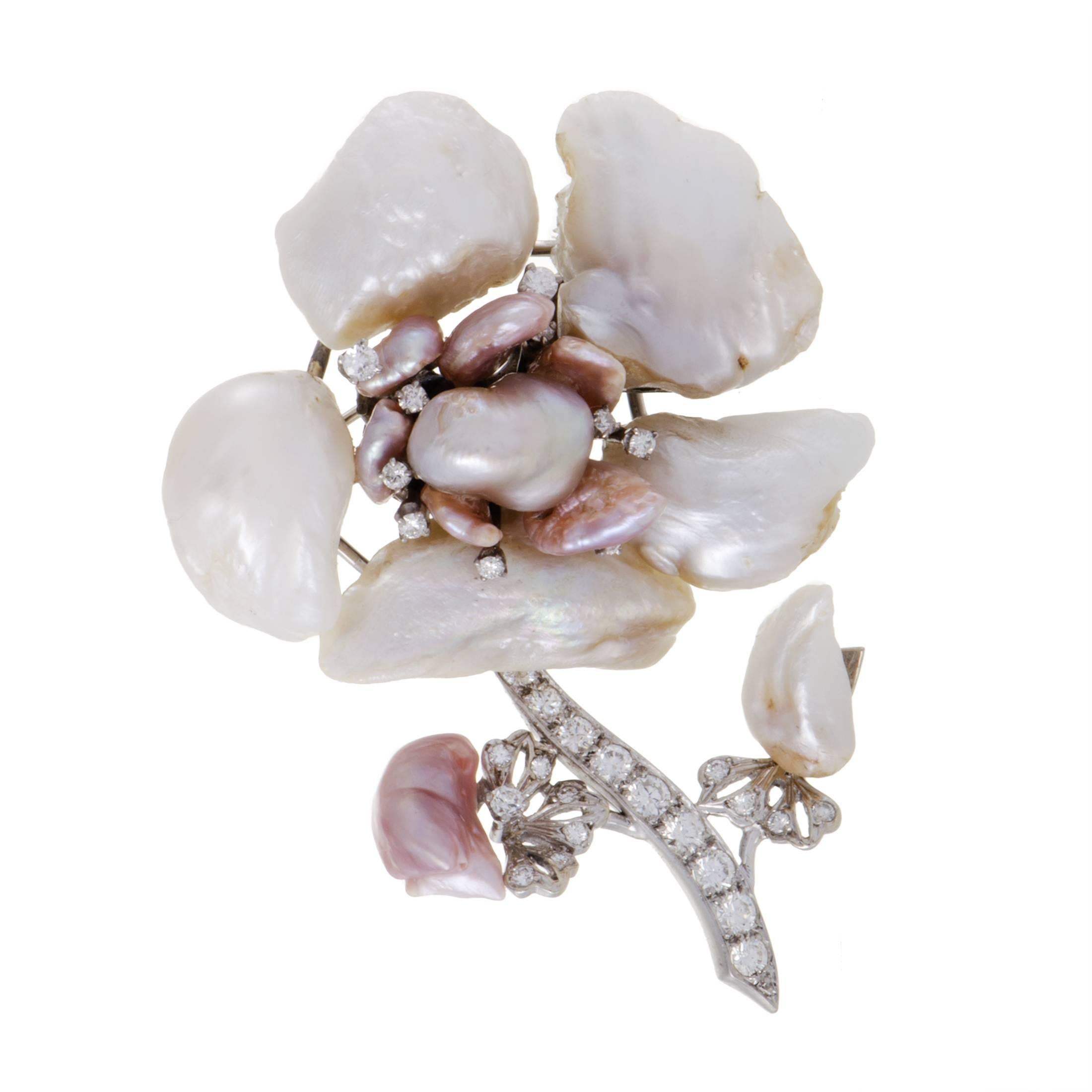 White Gold Diamond and Baroque Pearl Flower Brooch