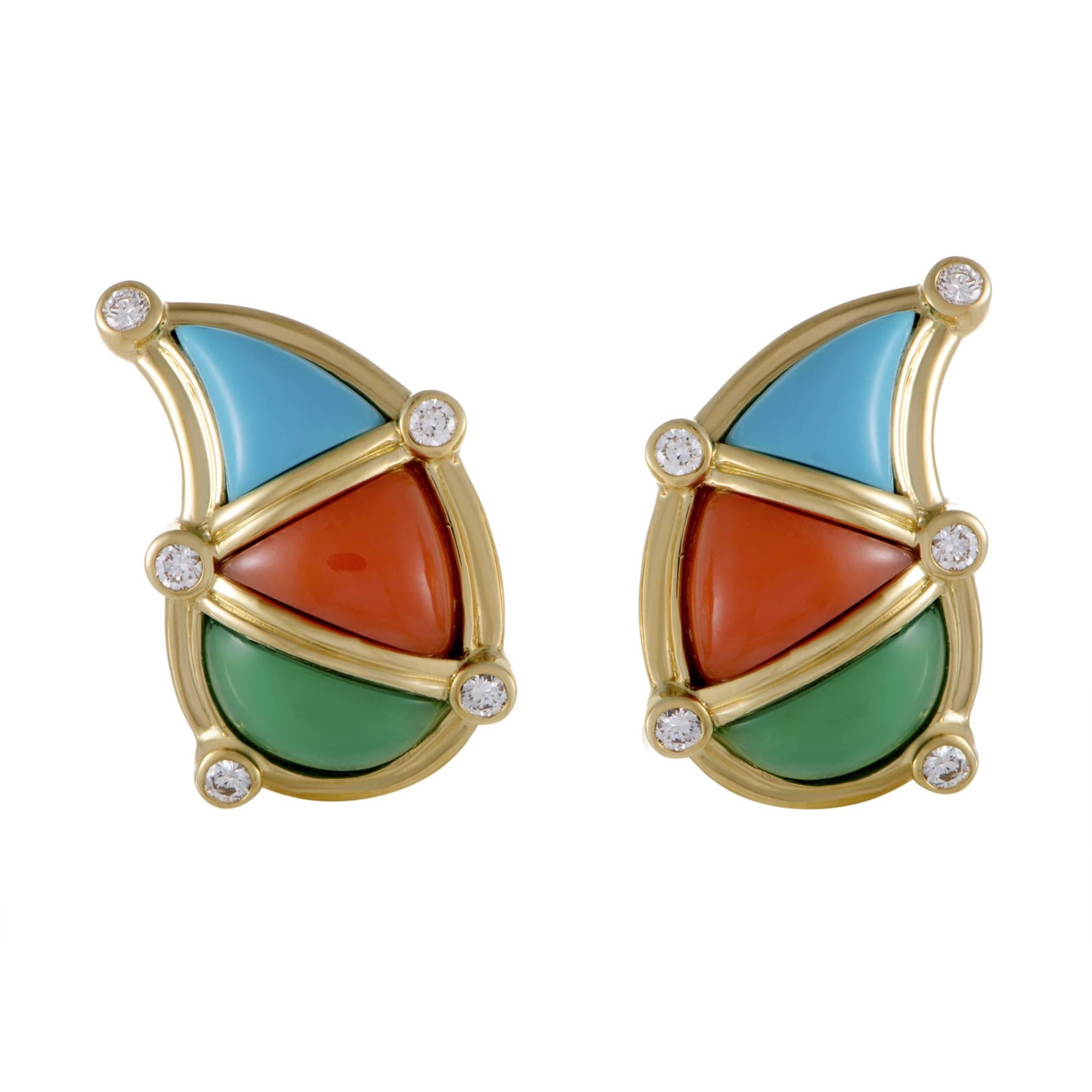 Dior Diamond Turquoise Coral and Jade Yellow Gold Clip-On Earrings