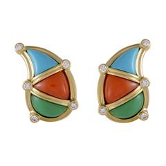 Vintage Dior Diamond Turquoise Coral and Jade Yellow Gold Clip-On Earrings