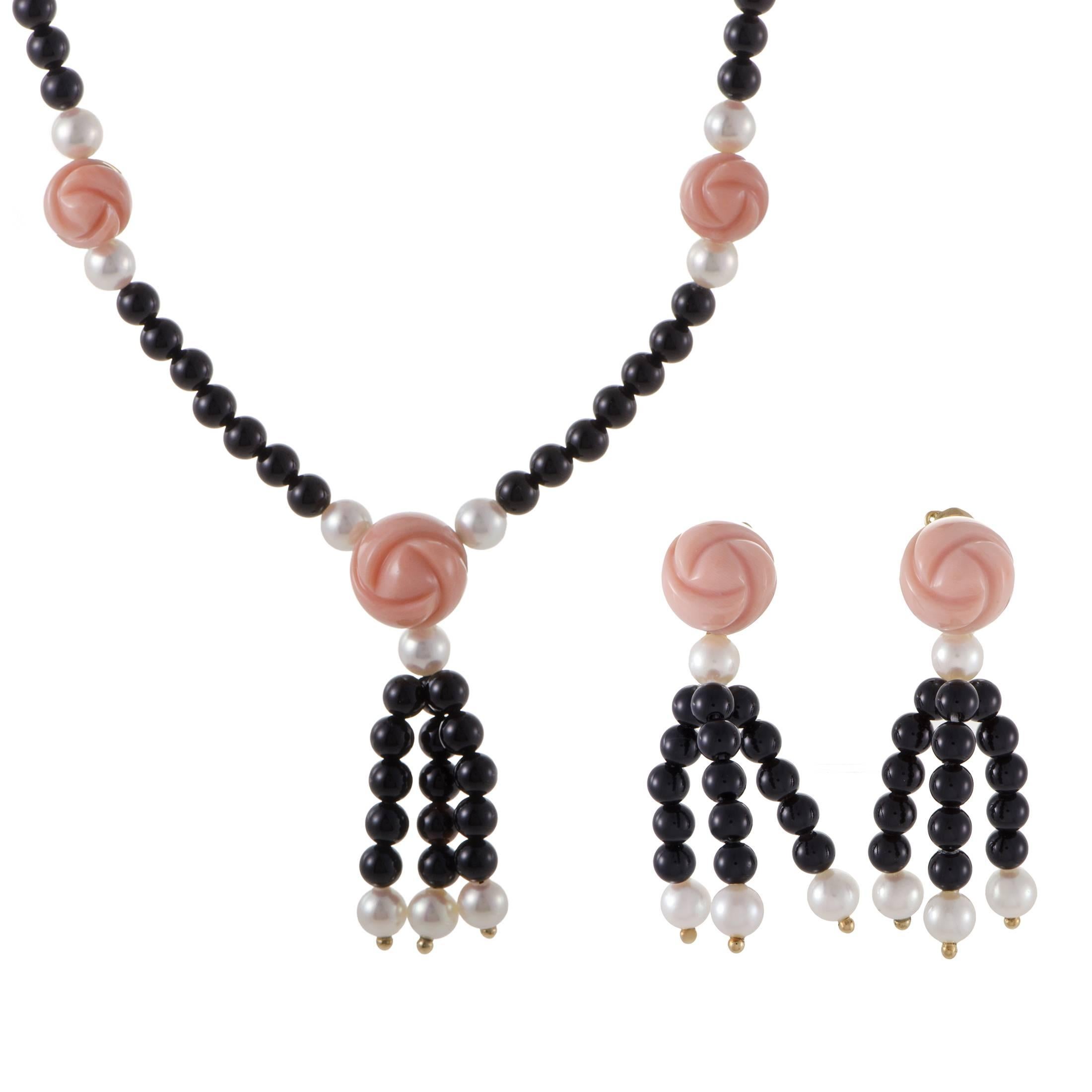 Dior Onyx Pearl and Coral Rosebud Yellow Gold Earring and Necklace Set