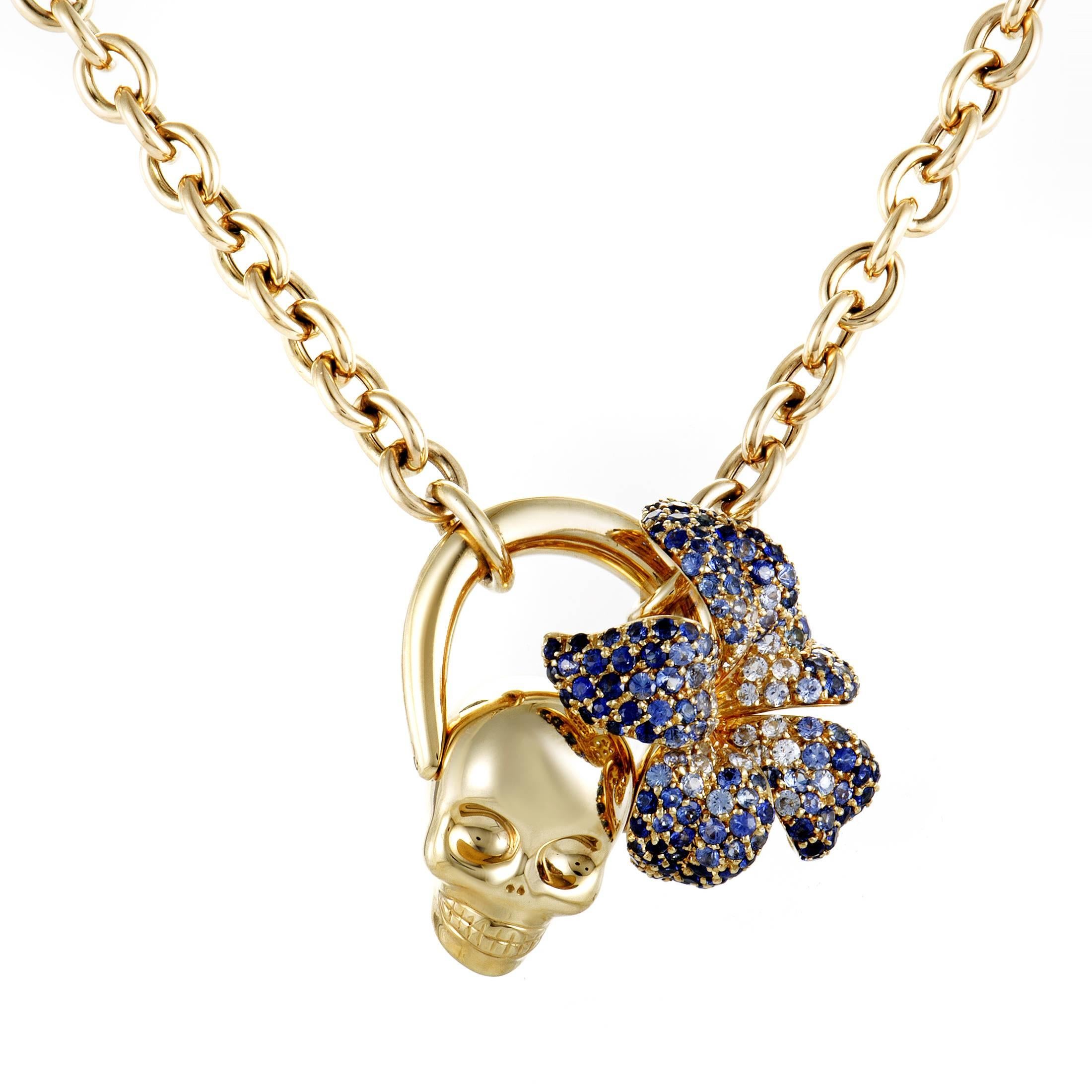 Gucci Flora Sapphire Pave Yellow Gold Skull Pendant Necklace