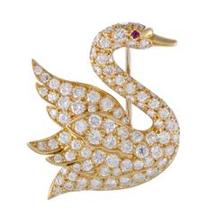 Mauboussin Ruby Full Diamond Pave Yellow Gold Swan Brooch