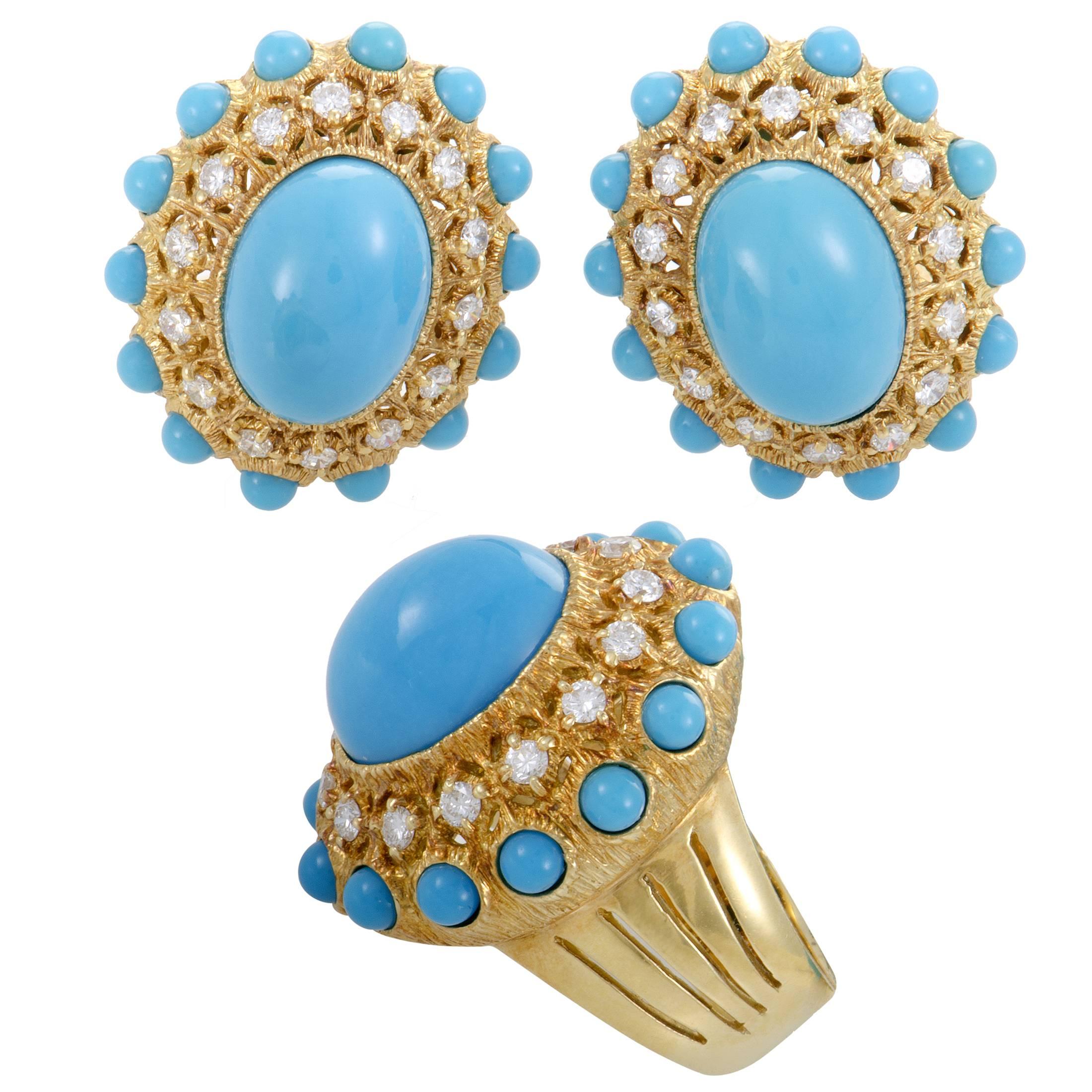 Turquoise Diamond Yellow Gold Ring and Clip-On Earring Set