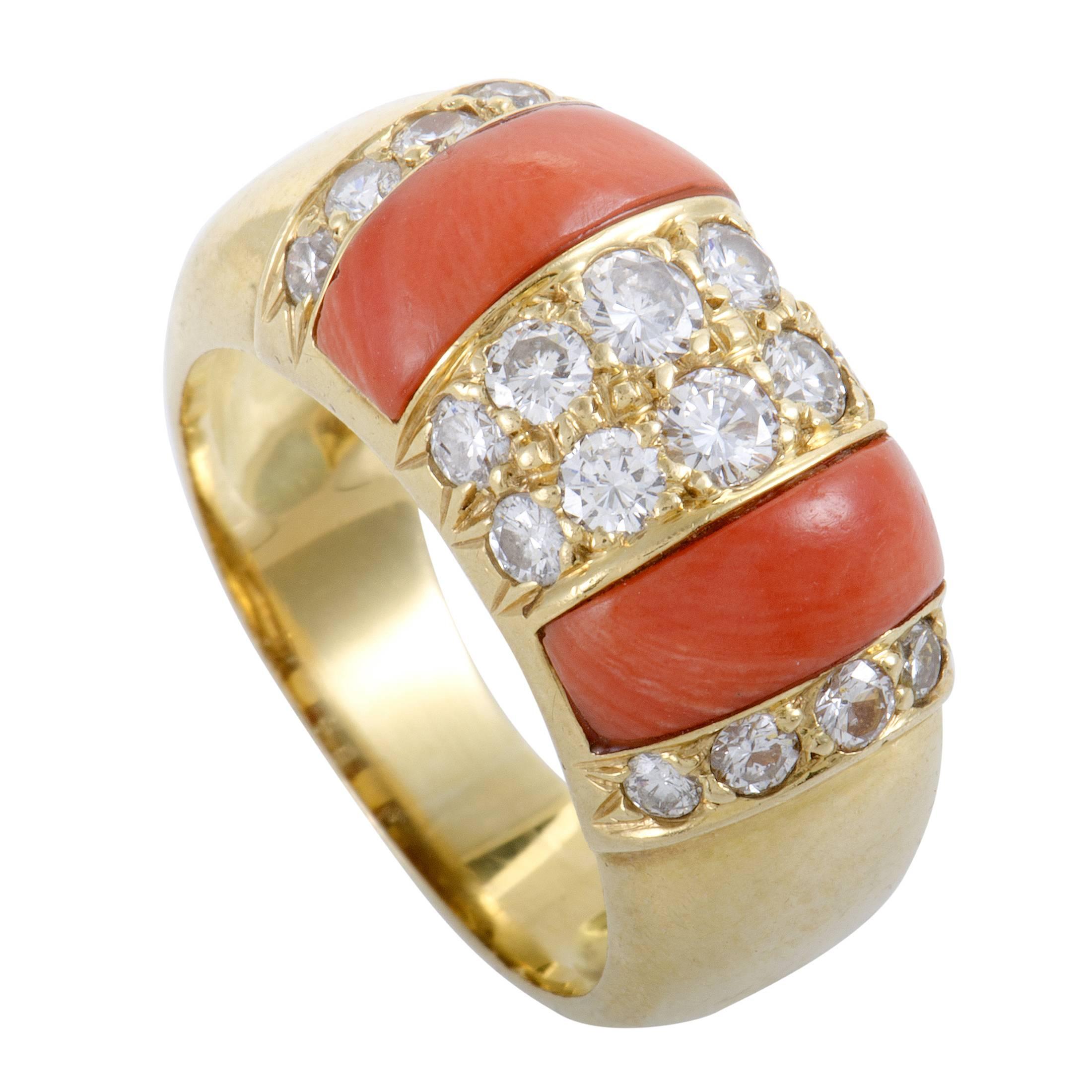 Hulchi Bellini Diamond and Coral Yellow Gold Band Ring
