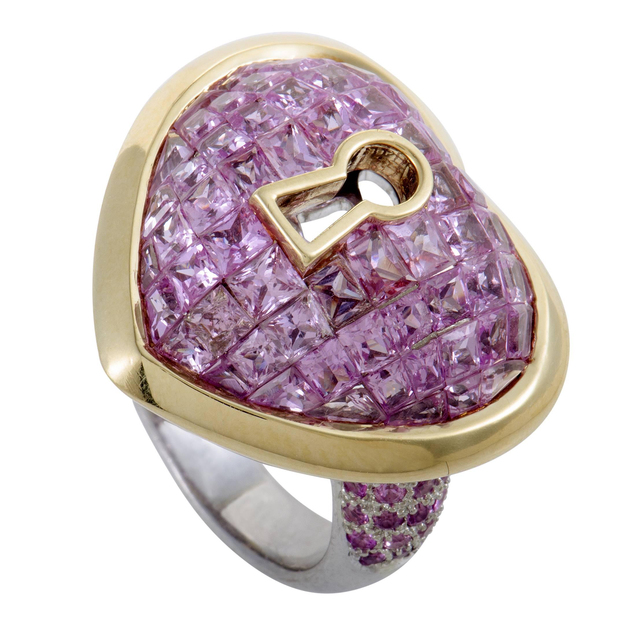 Pink Sapphire Pave White and Yellow Gold Keyhole Heart Ring